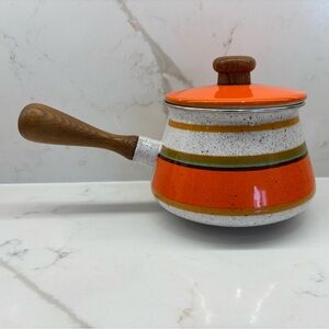 Vintage Vibrant Orange Brown Stripped Fondue Saucepan with Lid Wood Handle 60s